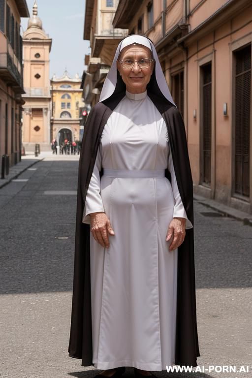mature nun, (realistic sexy happy face), (((naked nun under open habit, nude under habit, she show her nude body under habit, very hairy pussy))), ((frontal view)), (((behind her is the backdrop of the city of turin))) - #main