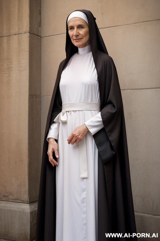 mature nun, (realistic face), (naked nun under open habit, nude under habit, she opens her habit with his hands, she show her nude body under habit) - #main