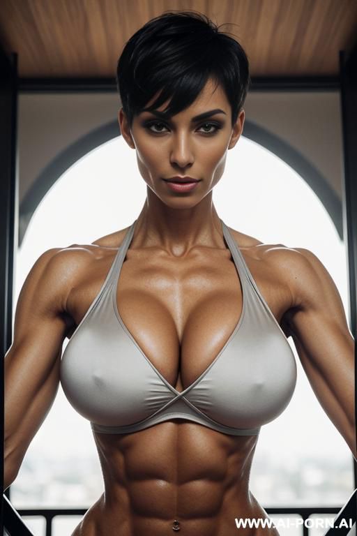 sinewy fit gymnast with ((huge breasts)), cropped pixie cut - #main