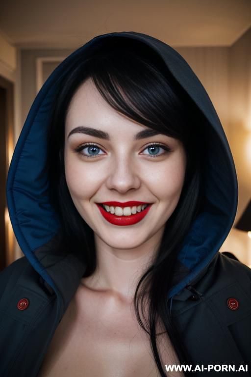 pallid skin, dark hotel room at night, long black hair, blue eyes, open blue and red swimming parka, mischievous grin - #main