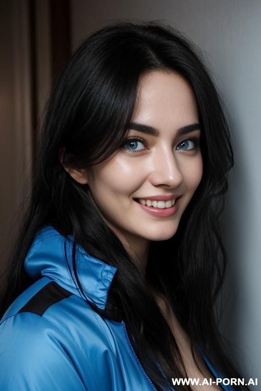 pallid skin, dark hotel room at night, long unkempt hair black hair, tired panda eyes, blue eyes, blue eye tint, open athletic jacket, mischievous smile - #main