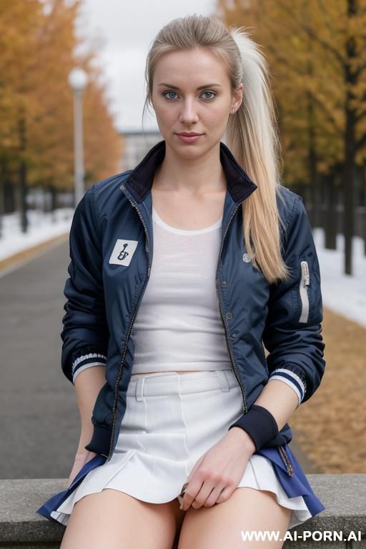 (long hairy pussy), athletic tits, no makeup, without makeup, natural face, inverted nipples, naked, ((wears only her jacket open, shows her breasts, wears white cotton socks that reach the knee)), no skirt - #main