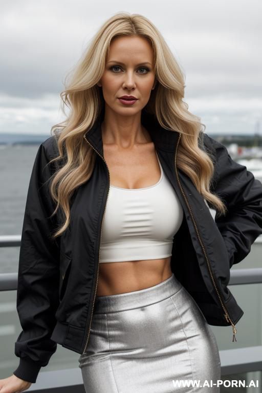 croptop, skirt, jacket, massive ((fake)) tits, medium wavy hair - #main