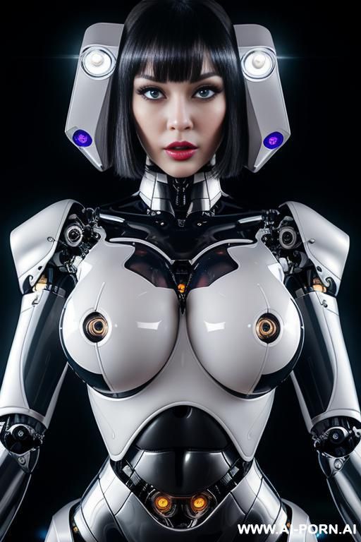 (beautiful realistic very detailed very sensual male ,realistic robot tranformer style robo-cop robot doll total meccanical artificial robot body woman) with long black hair and black-white glossy - #main