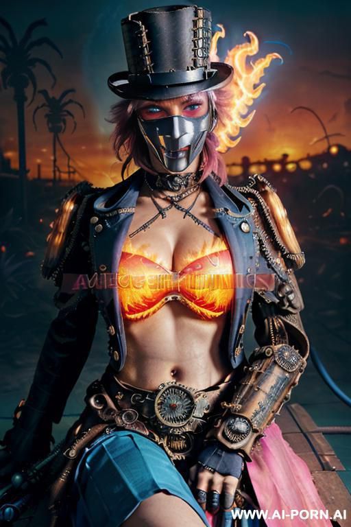 ((((masterpiece)))), (((woman sitting))), (glowing red eyes), (long blue purple and white hair with a flower), ((crop top white collar shirt with red tie)), ((((flaming angel wing)))), ((navy formal - #main