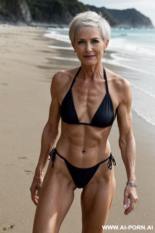 short hair, pixie hair, full body, on the beach, slut, gilf, wrinkles, micro bikini, age marks, full standing, sling bikini, water shoes, sporty bikini, tan lines - #main
