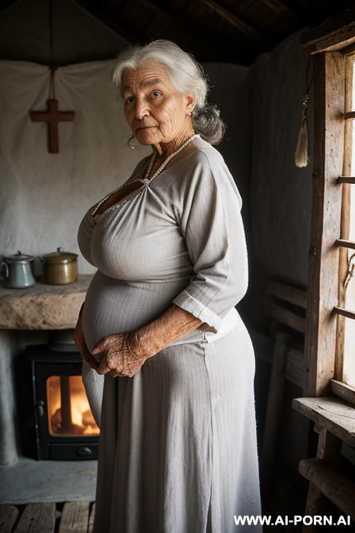 (((it is nighttime!))) a very old ukrainian village woman is quietly getting ready for bed. she is standing in dim, soft yellow light inside a modest rural hut — traditional ukrainian style - #main