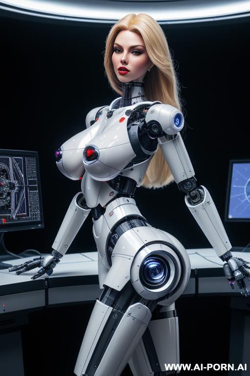 robot, front view, full body view, standing, hands on spaceship control desk, looking at viewer, beautiful seductive human face with tanned silicone skin, long straight blonde hair, big lips, wide - #main