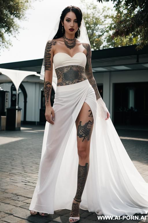 tattoos, tube top, skirt, tattoos, veil, white, outdoor venue - #main