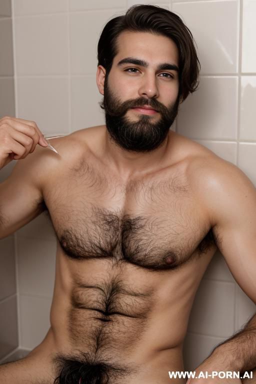 a 0-is year old man who is rubbing one off in the bathroom after work. he is very very hairy on his body but he doesn’t have a beard or a mustache, his chest is especially hairy. - #main