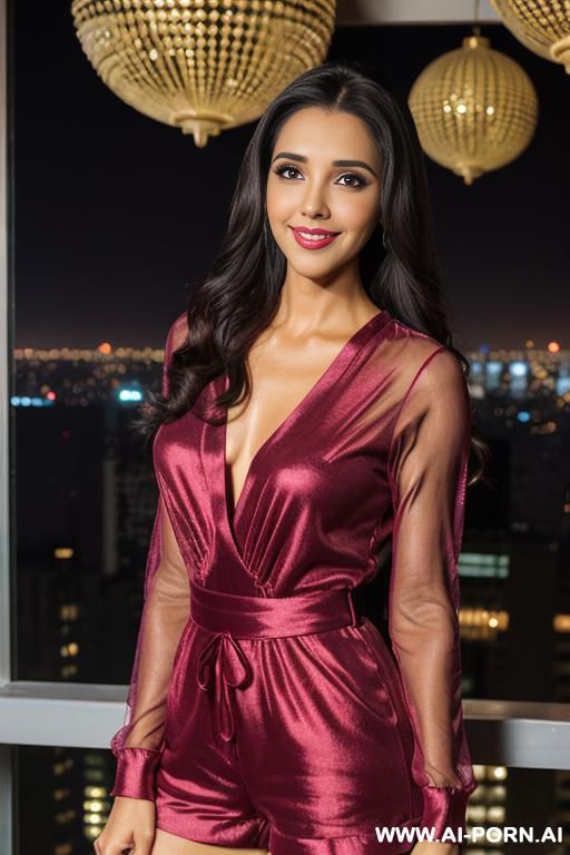 (((asin))), ((long sleeve romper )), (christmas), (big full lips), ((smiling at the camera)), photorealistic, indian, (ultra detailed photo), (hyper realistic photo), standing in a fancy luxurious sky - #main