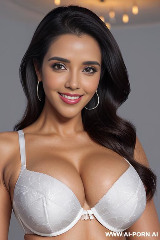(((asin))), ((fancy cotton white christmas patterned push up bra bikini )), (christmas), (big full lips), ((smiling at the camera)), photorealistic, indian, (ultra detailed photo), (hyper realistic - #main
