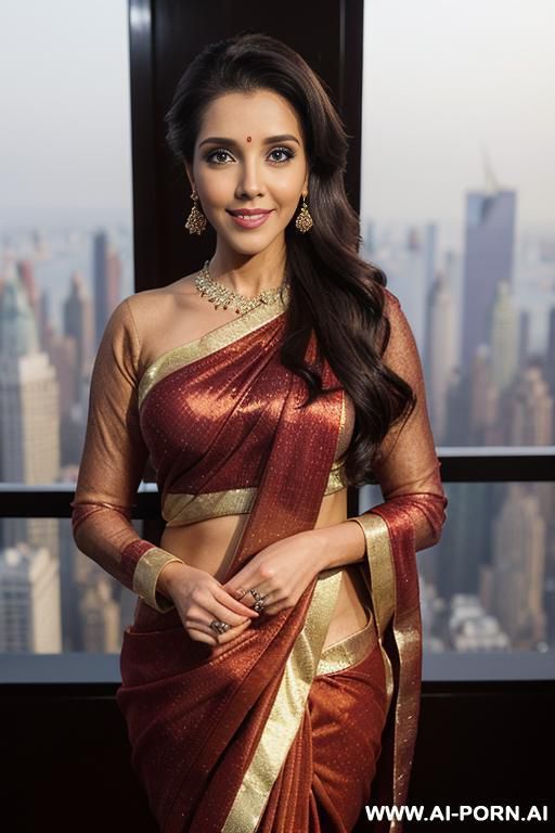 (((asin))), ((fancy shiny sparkling red crew neck long sleeve sari )), (christmas), (big full lips), ((smiling at the camera)), photorealistic, indian, (ultra detailed photo), (hyper realistic photo), - #main