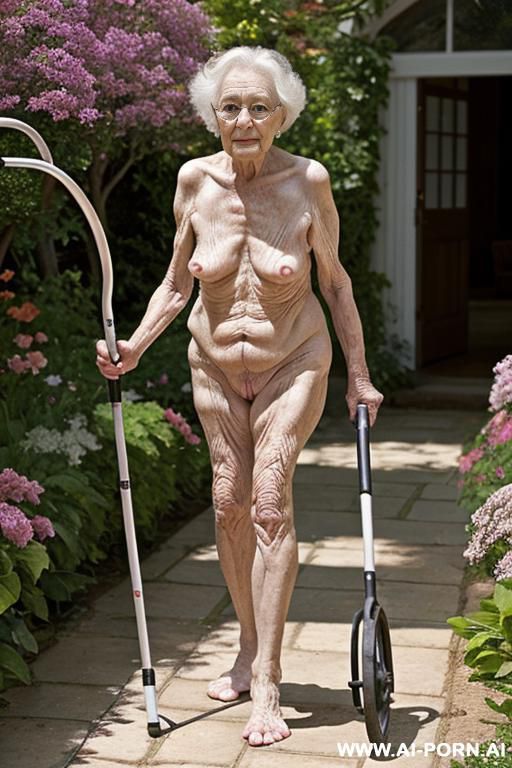 a very frail elderly nude woman with great difficulty able to walk in a garden, using a quad cane. and very beautiful naked woman - #main