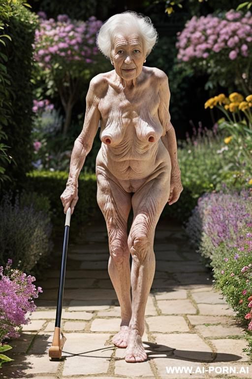a very frail elderly nude woman with great difficulty able to walk in a garden, using a quad cane. - #main