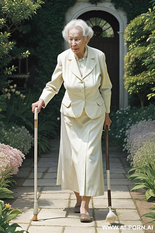 an elderly woman walking slowly in a garden with the help of a quad cane.an elderly woman using a quad cane to walk in a garden.a very old woman walking in a garden with a quad cane.an elderly woman moving carefully through a garden with a quad cane. - #main