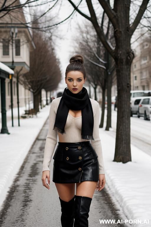 winter, tree lined street, topless, scarf, showing boobs, black knee-high boots, showing nipples - #main