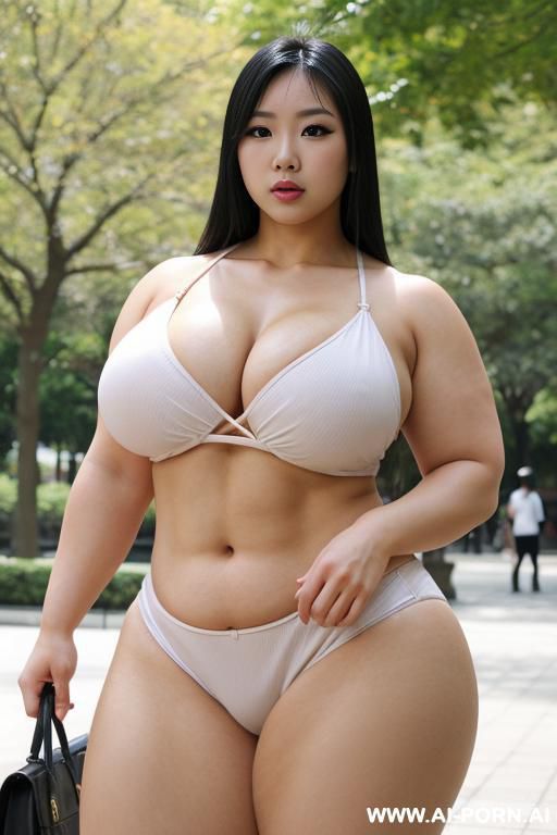 otaku asian beauty, buxom, beautiful and sensual, obese and muscled bulked up, huge thighs, in the city park - #main