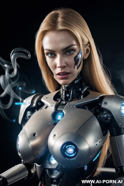 damaged robot, front view, close-up, sitting in armchair in spaceship, looking at viewer, beautiful angry human face with tanned silicone skin, long straight blonde hair, big lips, wide jaw, heavy - #main