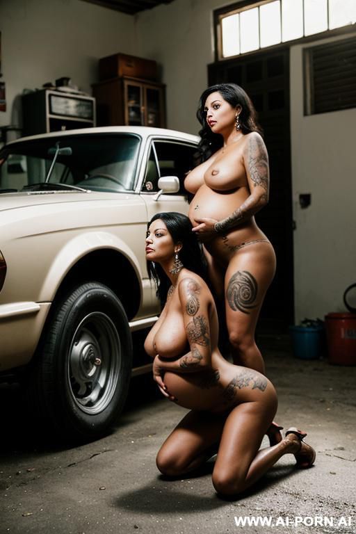 two pregnant latina women with tattoos one very old grandma , harem, totally naked, both kneeling, romantic, seductive, garage, car - #main