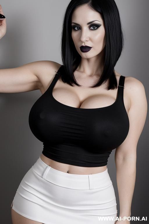 goth woman with white skin with massive boobs in a crop top and a massive ass in a short skirt. also with a seductive facial expression. - #main