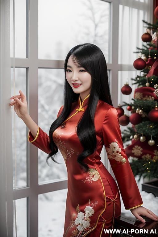 a beautiful chinese woman with long jet black hair, wearing a chinese qipao, she is next to a christmas tree. the room is elegant and serene with a few subtle red peace apples as - #main