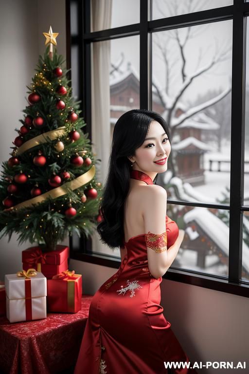 a beautiful chinese woman with long jet black hair, wearing a chinese qipao, she is hugging a christmas tree. room is elegant and serene, with with a few subtle red peace apples as - #main