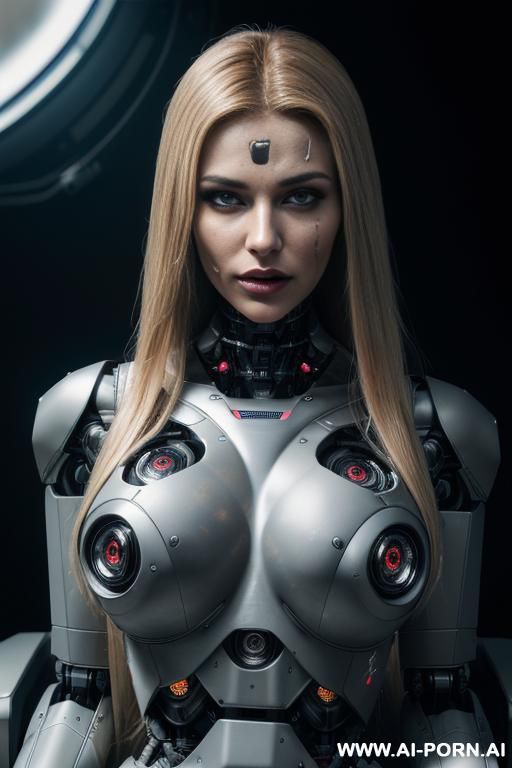 damaged robot, front view, close-up, sitting in armchair in spaceship, looking at viewer, beautiful angry human face with tanned silicone skin, long straight blonde hair, big lips, wide jaw, heavy - #main