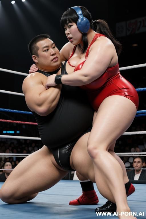 otaku asian beauty, buxom, beautiful and sensual, obese and muscled bulked up, huge thighs, in the wrestling ring squashing a weak man - #main