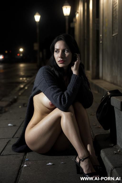 a beautiful woman in her mid-20s, sitting alone on a cold, cracked sidewalk at night, under a dim streetlight. she is nearly unclothed, wearing only torn, mal clog, portraying the impact of - #main