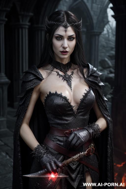 (dark sorceress), looking at viewer, (eye contact), ((topless)), arrogant posture, detailed face, (cruel looking face), ultra realistic, terrible eyes, (agressive shaded makeup), highly detailed skin, - #main