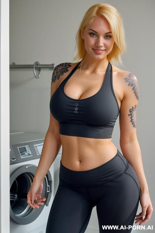 half-length photo, ((half body photo shot close up)). as a set in the laundry area, a (((very obese))) thick and bbw redhead british, ((she is washing clothes)). ((all tattoo flowers arm)) - #main
