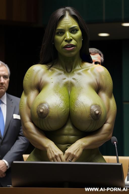 ork woman, massive breasts, massive athletic figure, (green skin), stand behind the un podium, in the un - #main