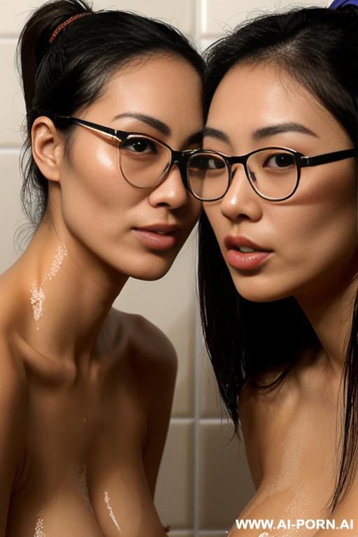two asian women kissing, kissing, glasses, naked, tanned, tanlines. - #main