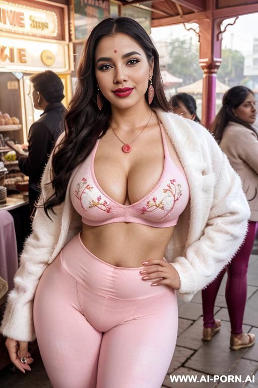 a beautiful curvy housewife, lipstick, wide eyeliner, symmetrical face, gorgeous smile, hot body figure, wear a tight pink leggings with a white embroidered woolen jacket, earrings, necklace, standing in public fair of india - #main