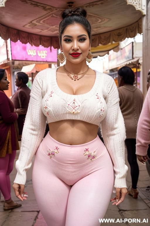 a beautiful curvy housewife, lipstick, wide eyeliner, symmetrical face, gorgeous smile, hair bun, hot body figure, wear a tight pink leggings with a white embroidered woolen sweater, earrings, necklace, standing in public fair of india, shopping - #main