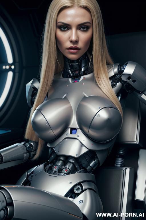 damaged robot, front view, close-up, sitting in armchair in spaceship, looking at viewer, beautiful angry human face with tanned silicone skin, long straight blonde hair, big lips, wide jaw, heavy - #main