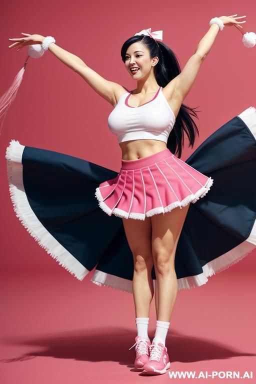 excited cheer at jump apex exding arms in the air waving red white pompoms, topless huge breasts - #main