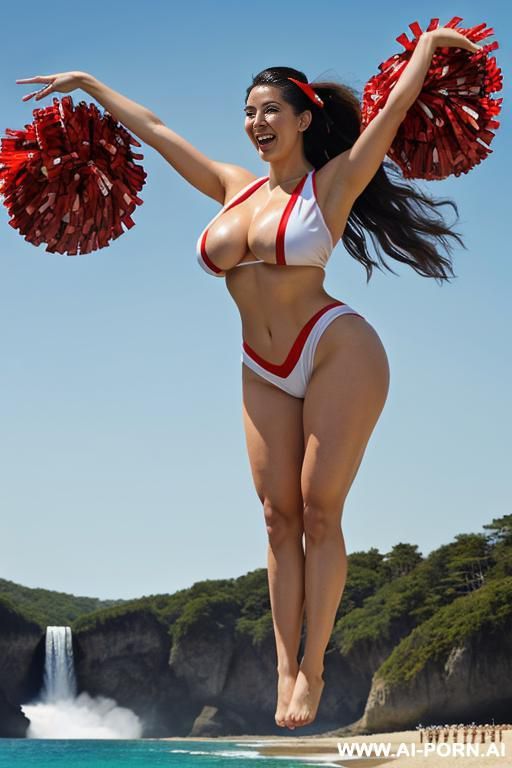 topless huge breasts, excited cheer at jump apex arms in the air waving red white pompoms - #main