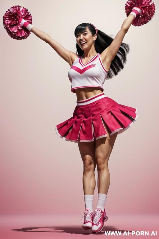 excited cheer at jump apex exding arms in the air waving red white pompoms - #main