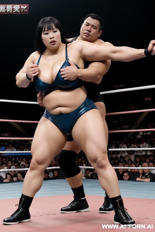 otaku asian beauty, buxom, beautiful and sensual, obese and muscled bulked up, huge thighs, in the wrestling ring squashing a weak man - #main