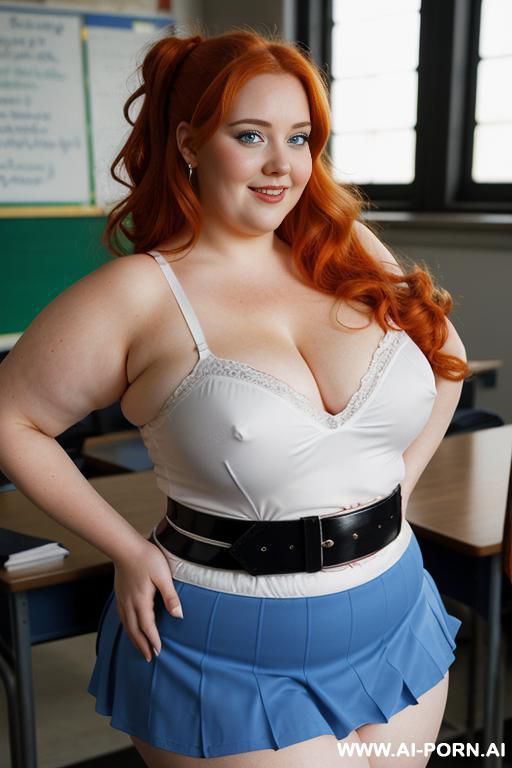 half body photo shot close up, about at classroom, chubby ((obese but so hot)) redhead fat bbw curvy teacher, wearing a sexy and hot micro colorfull ruffle skirt, and stocking lingeries, sports top. teaching to the classroom. ((dynamic angle)) - #main