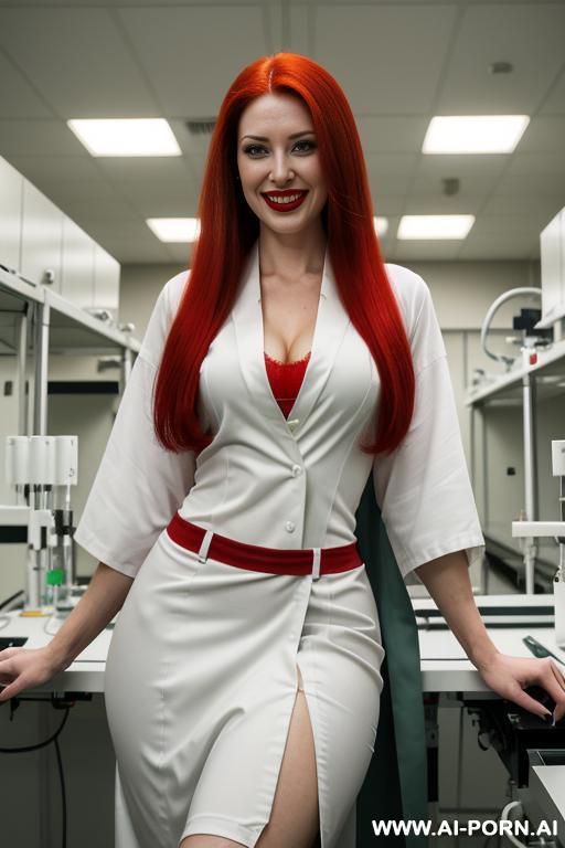 beautiful. big boobs. green eyes. red hair. full lips. red lips. hourglass figure. wearing a closed laboratory robe, shirt and long skirt. in a laboratory. with machinery - #main