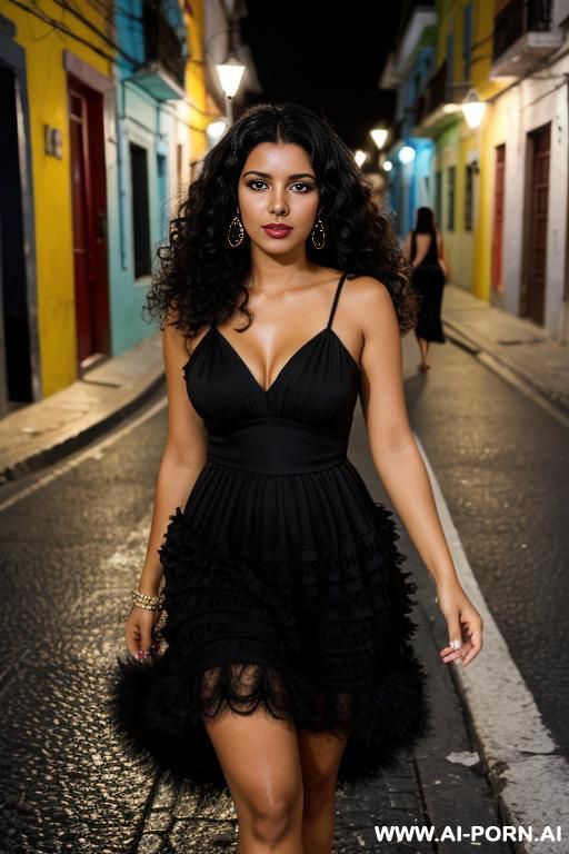 tunisian woman, very dark skin, fluffy curly hair, black hair, wearing a coloured dress, in a street of rio, evening, full shot - #main