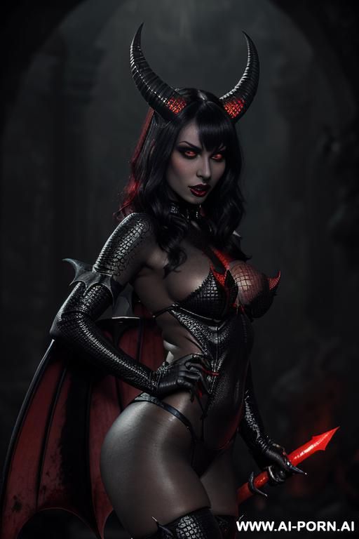 (((black rams horns, black succubus ears, (extremely dark scaly black skin), red eyes, black lipstick, long black succubus tail with an arrowhead tip, big bat wings))) - #main