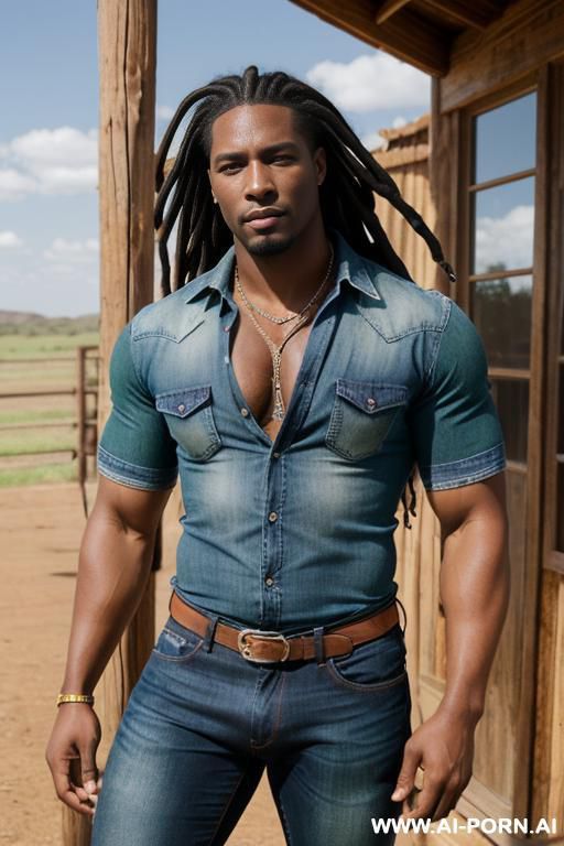 1, african male, fit, unbuttoned shirt, blue jeans, flexing, ft tall, 225lbs, proud face, long dreads black hair, green eyes, no beard or mustache, bulging crotch, at the ranch, midday, dynamic view - #main