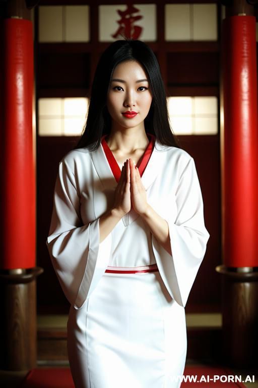a oracle praying in temple, white top and red dress - #main