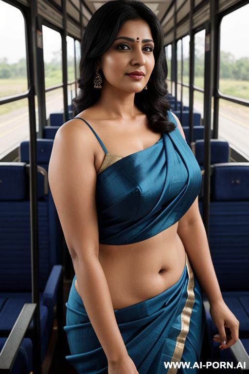 curvy, wearing sexy blue saree with a low cut sleeveless blouse, navel visible, shoulder length hair - #main