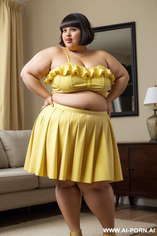 (short hair) (micro yellow ruffle skirt) (half body photo shot) - #main