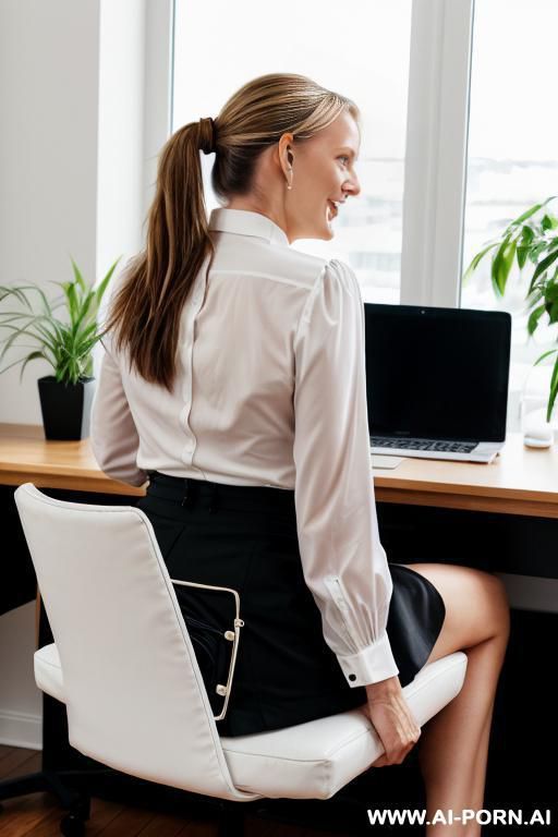 job interview, secretary, sitting, couch, legs crossed, white blouse, black knee lenght skirt, black high heels smiling - #main